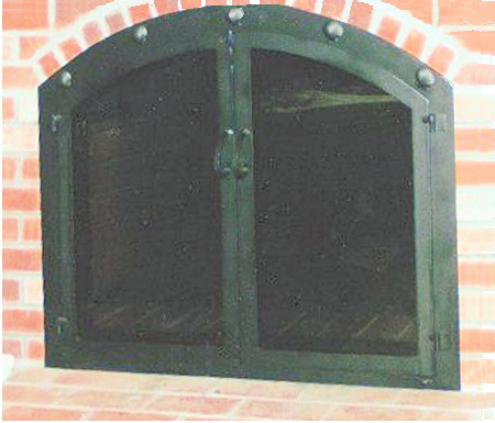 Nantucket Shoreline All Black finish, twin doors, standard forged handles and smoke glass. Comes with gate mesh spark screen doors  (Scallop shells across top of frame)